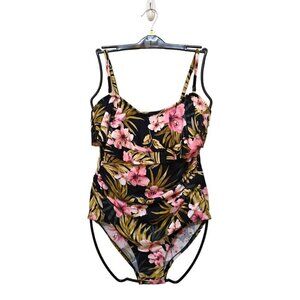 Kona Sol Tropical Double Flounce One Piece Swimsuit Sz L